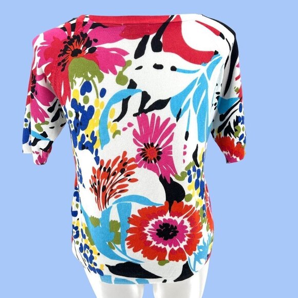 JOSEPH A COLORFUL FLORAL PRINT SHORT SLEEVE SWEATER - XL - Picture 2 of 4